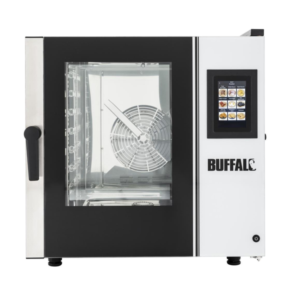 Buffalo Stand-Alone Smart-Touchscreen-Kombidämpfer 7 x GN 1/1 mit Installationskit und Dunstabzugshaube