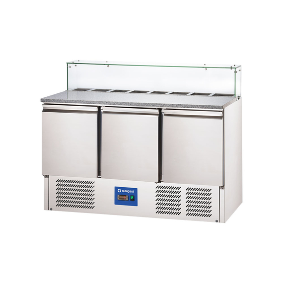 Starline Pizzatisch mit Glasabdeckung, 3-türig, GN 1/1, Aufnahme 8x GN 1/6, 1365x700x1090 mm (BxTxH)