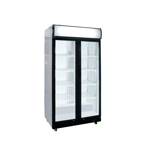 Glastür-Kühlschrank mit Werbedisplay, zwei Flügeltüren, 870x605x1996 (BxTxH)