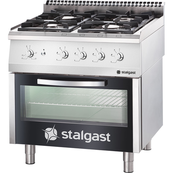 Stalgast Edelstahl Gasherd mit 4 Brennern (3,5+5+2x7) und Gas-Backofen GN2/1, Serie 700 ND