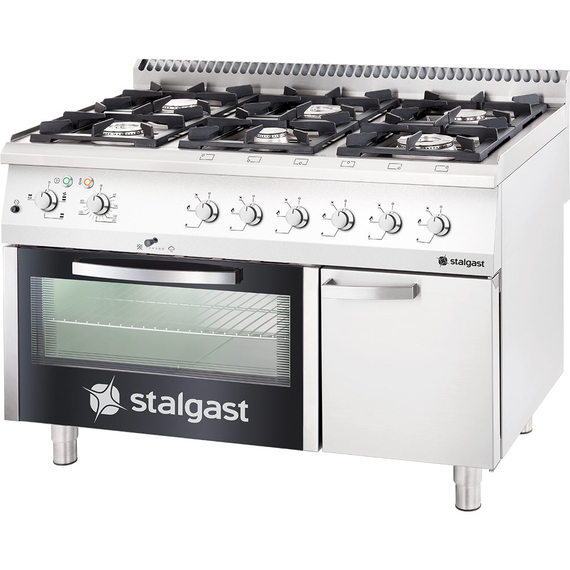 Stalgast Gasherd 6 Brenner (3,5+2x5+2x7+9) mit Elektrobackofen (GN 2/1), Serie 700 ND