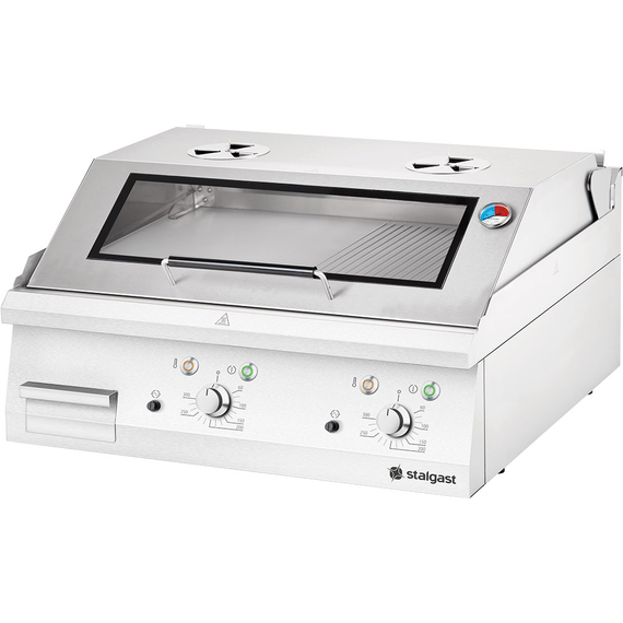 Stalgast Edelstahl Elektro-Griddleplatte als Tischgerät mit Deckel, 800x700 mm, ½ glatte/½ gerillte Grillfläche, Serie 700 ND