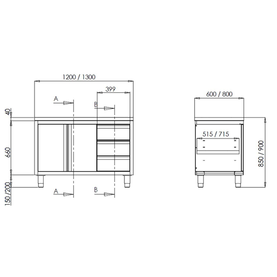 Vaiotec Topline Arbeitsschrank / Flügeltüren & 3 Schubladen links, 1200 x 600 mm, Bild 2