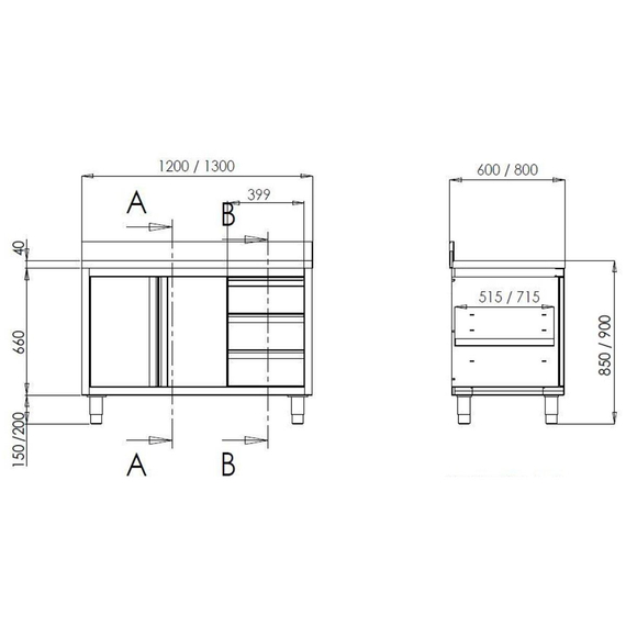 Vaiotec Topline Arbeitsschrank / 2 Schiebetüren, 3 Schubladen links & Aufkantung, 1800 x 600 mm, Bild 2