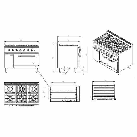 Vaiotec Gasherd - 6 Brenner 43,2 kW - mit Gasbackofen, 1100 x 700 mm, Bild 7