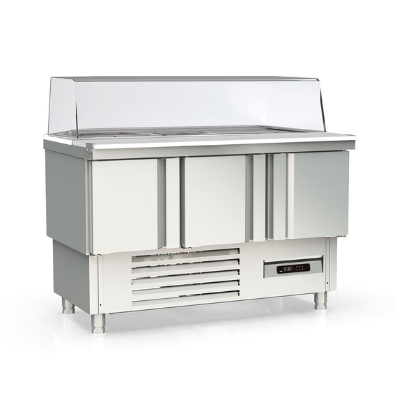 Vaiotec Topline Saladette / 3-fach mit Türen, Glasaufsatz gerade, GN 1/6 & 1/9, 1375 x 700 mm