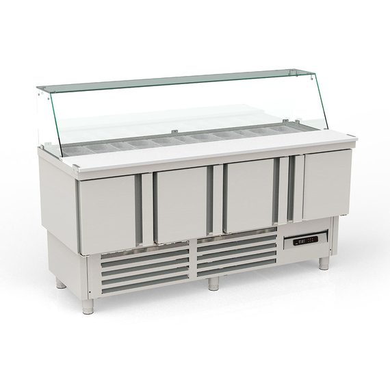 Vaiotec Topline Saladette / 4-fach mit Türen, Glasaufsatz schräg, GN 1/6 & 1/9, 1825 x 700 mm