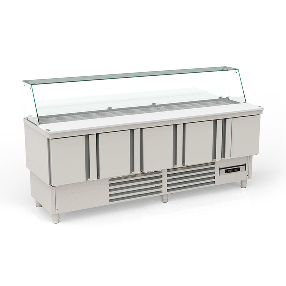 Vaiotec Topline Saladette / 5-fach mit Türen, Glasaufsatz schräg, GN 1/6 & 1/9, 2275 x 700 mm