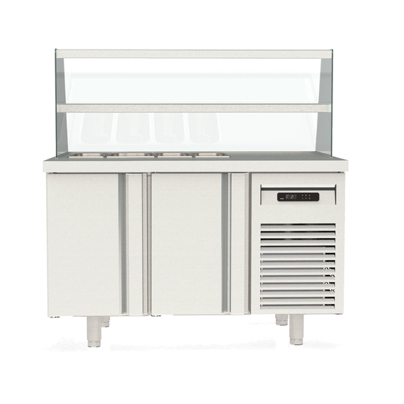 Vaiotec Topline Kebabstation / 2-fach mit Türen, Glasaufsatz mit Zwischenetage, GN 1/3, 1345 x 700 mm