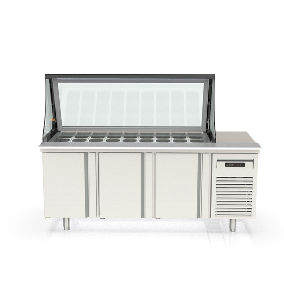 Vaiotec Topline Zubereitungstisch / 3-fach mit Türen, Glasklappdeckel, GN 1/6, EN 60x40, 2020 x 800 mm