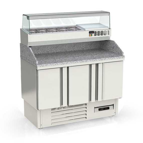 Vaiotec Topline Pizzatisch / 3-fach mit Türen, Extravolumen, Granitplatte grau, inkl. Kühlaufsatz, GN 1/4, 1370 x 700 mm
