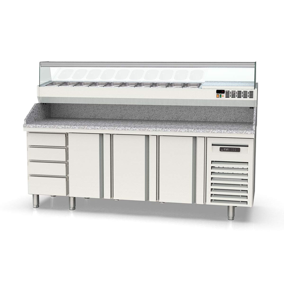 Vaiotec Topline Pizzatisch / 4-fach mit 3 Türen, Schubladenblock, Granitplatte grau, inkl. Kühlaufsatz, GN 1/4, 2245 x 700 mm