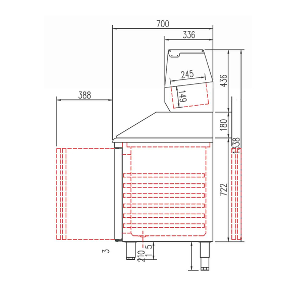 Vaiotec Topline Pizzatisch / 4-fach mit 3 Türen, Schubladenblock, Granitplatte grau, inkl. Kühlaufsatz, GN 1/4, 2245 x 700 mm, Bild 4