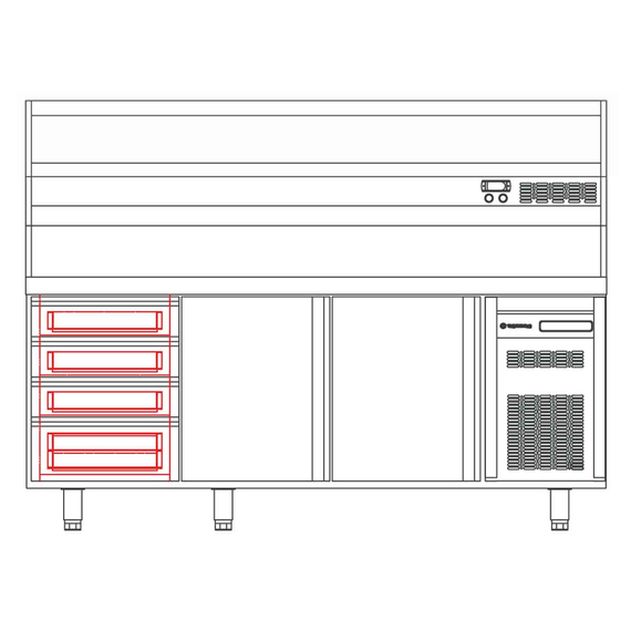 Vaiotec Topline Pizzatisch / 4-fach mit 3 Türen, EN 60x40, Schubladenblock, Granitplatte grau, inkl. Kühlaufsatz, GN 1/4, 2545 x 800 mm, Bild 4