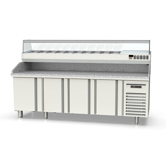 Vaiotec Topline Pizzatisch / 4-fach mit Türen, Granitplatte grau, inkl. Kühlaufsatz, GN 1/4, 2545 x 600 mm