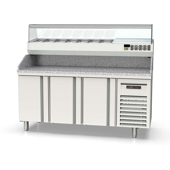 Vaiotec Topline Pizzatisch / 3-fach mit Türen, Granitplatte grau, inkl. Kühlaufsatz, GN 1/4, 1795 x 700 mm