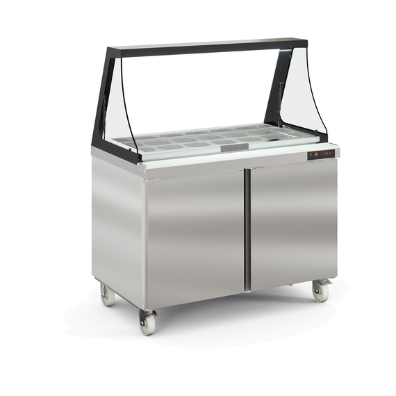 Vaiotec Topline Zubereitungstisch / 2-fach mit Türen, Glasklappdeckel, auf Rollen, GN 1/6, 1228 x 830 mm