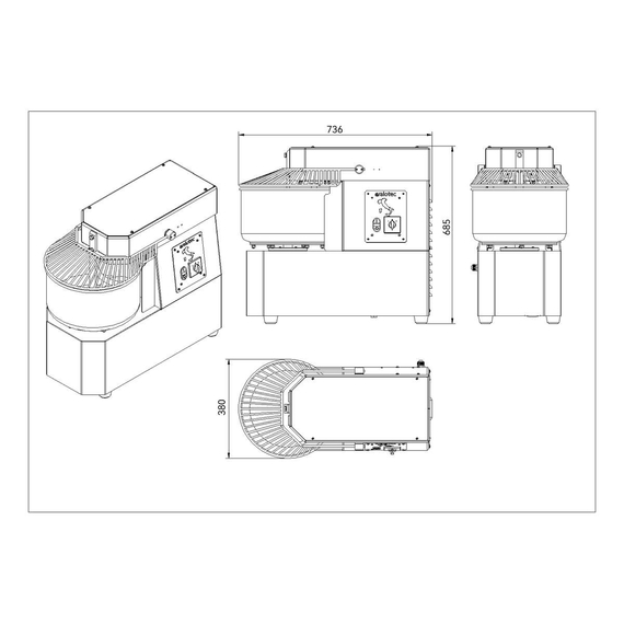 Vaiotec Teigknetmaschine fester Kessel - 20 Liter / 230 Volt / 2 Geschwindigkeiten, 380 x 736 mm, Bild 4