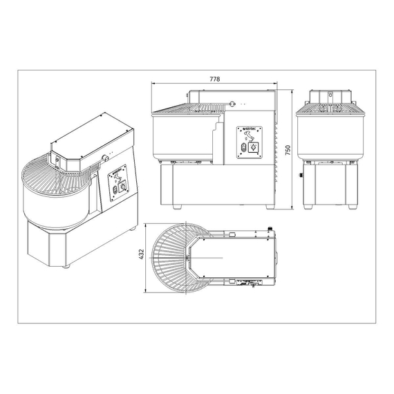 Vaiotec Teigknetmaschine fester Kessel - 30 Liter / 400 Volt / 2 Geschwindigkeiten, 380 x 736 mm, Bild 4
