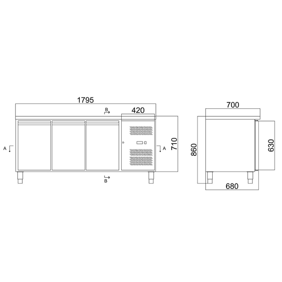 Vaiotec Kühltisch / 2 Türen & 3 Schubladen links - Monoblock, 1795 x 700 mm, Bild 7