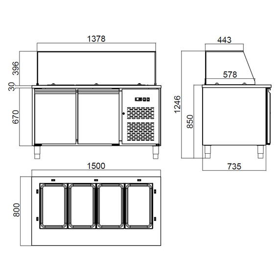 Vaiotec Salattheke / 2-fach mit Türen, Glasaufbau, für 4x GN 1/1 "schwarz", 1500 x 800 mm, Bild 6