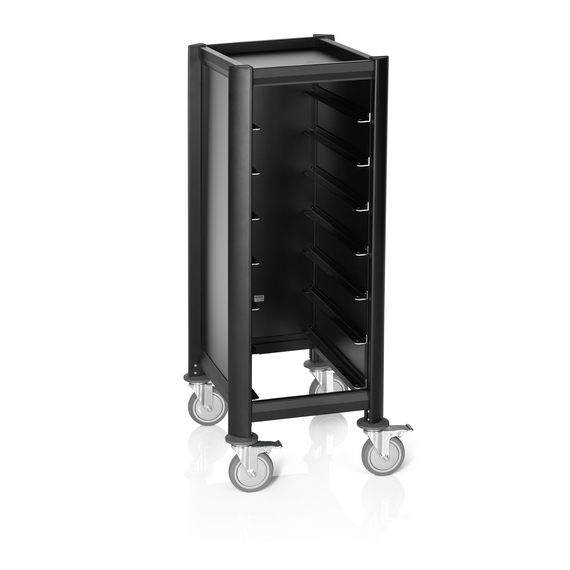 Was Germany Tablettwagen SINGLE GN 1/1 MENSA BLACK, für 7 Tabletts, schwarz, 60 x 44,5 x 125 cm, MDF/Aluminium