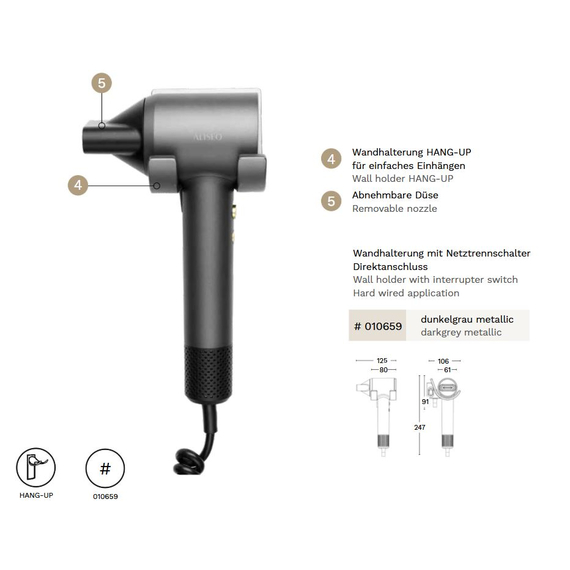 Aliseo Aero Brushless Haartrockner mit Wandhalterung & zusätzlichem Kabel und Stecker, Ausführung: mit EU-Stecker, Wandhalterung: Mit Wandhalterung & zusätzlichem Kabel und Stecker, Bild 5
