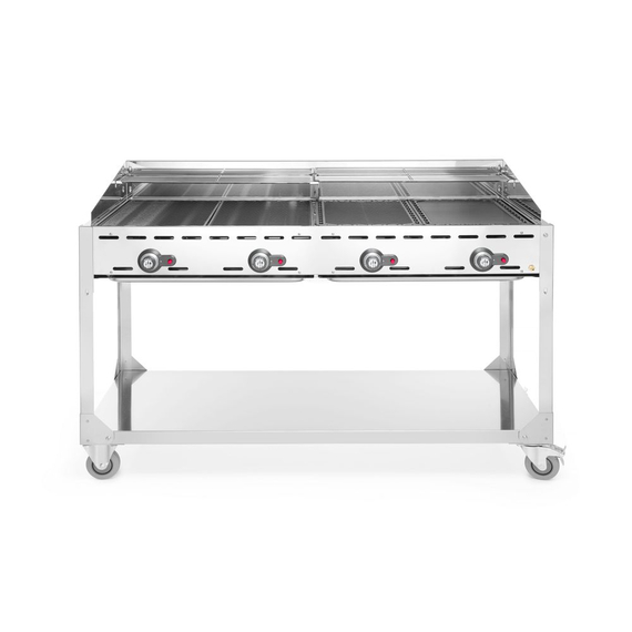 Hendi Grillsystem Green Fire mit 4 Brennern, Profi Line, mit Rollengestell, Hellgrau, 22kW, 1400x612x(H)825mm