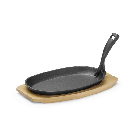 Hendi Gusseisenplatte mit Holzunterlage und Griff, Schwarz, 280x143x(H)33mm, Oval, Bild 2