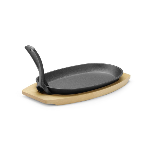 Hendi Gusseisenplatte mit Holzunterlage und Griff, Schwarz, 280x143x(H)33mm, Oval, Bild 3