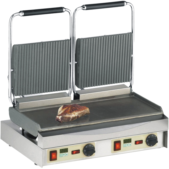Neumärker Kamtschatka-Grill mit Digitaltimern, oben geriffelt, unten glatt, Grillfläche: Oben gerillt, unten glatt