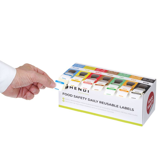 Hendi Satz Lebensmittelsicherheitsetiketten, mehrfach verwendbar, leicht herausnehmbar, mit Spender, 240x80x(H)100mm, Bild 2