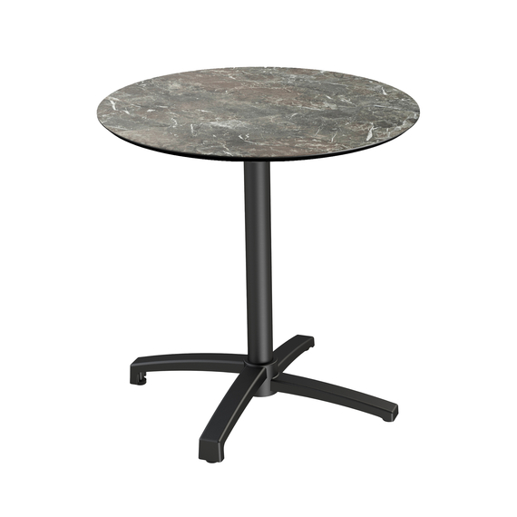Feros X Cross - Terrassentisch Schwarz Gestell + Galaxy-Marmor HPL-Platte Ø70 cm, Schwarz + Galaxy Marmor