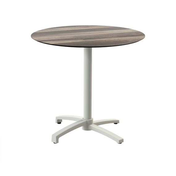 Feros X Cross - Terrassentisch sandfarbenes Gestell + Tropenholz HPL-Platte Ø70 cm, Sand + Tropenholz