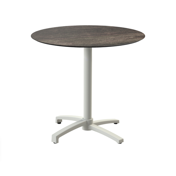 Feros X Cross - Terrassentisch sandfarbenes Gestell + Riverwashed Holz HPL-Platte Ø70 cm, Sand + Riverwashed Holz