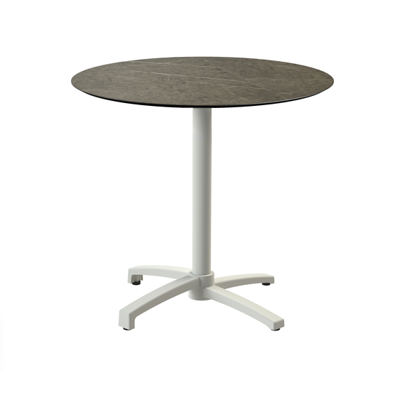 Feros X Cross - Terrassentisch sandfarbenes Gestell + Midnight-Marmor HPL-Platte Ø70 cm, Sand + Midnight Marmor