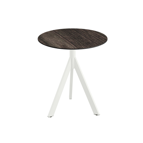 Feros Infinity Tripod - Terrassentisch weißes Gestell + Riverwashed Holz HPL-Platte Ø70 cm, Weiß + Riverwashed Holz