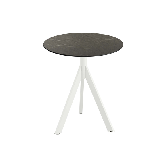 Feros Infinity Tripod - Terrassentisch weißes Gestell + Midnight-Marmor HPL-Platte Ø70 cm, Weiß + Midnight Marmor