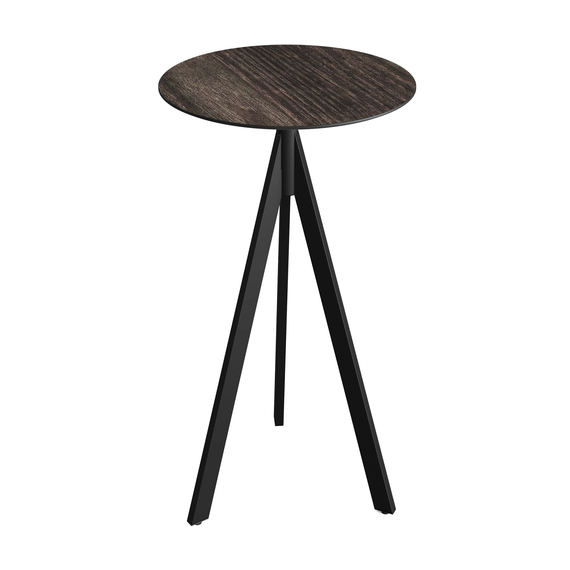 Feros Infinity Tripod - Bartisch schwarzes Gestell + Riverwashed Holz HPL-Platte Ø70 cm, Schwarz + Riverwashed Holz