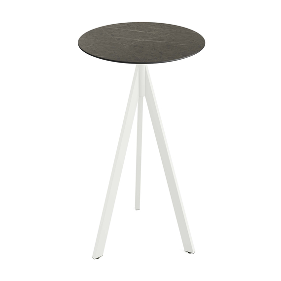 Feros Infinity Tripod - Bartisch weißes Gestell + Midnight-Marmor HPL-Platte Ø70 cm, Weiß + Midnight Marmor