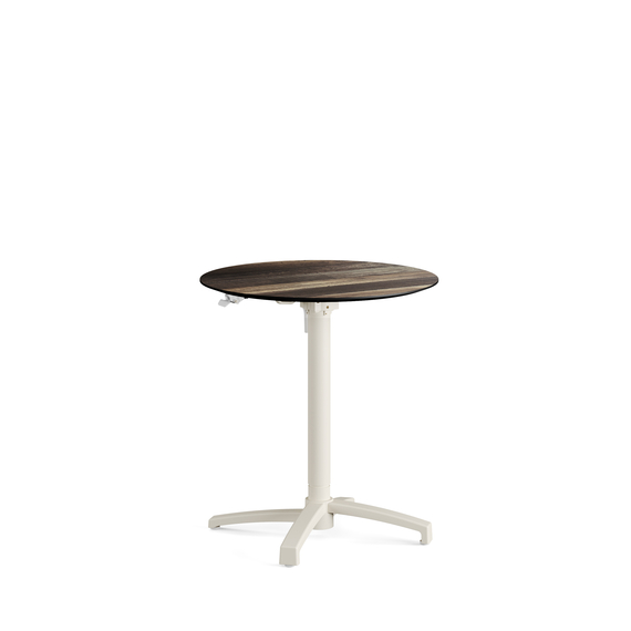Feros X Cross - Höhenverstellbares sand Tischgestell + Tropical Wood HPL-Tischplatte Ø70 cm, Sand + Tropical Wood