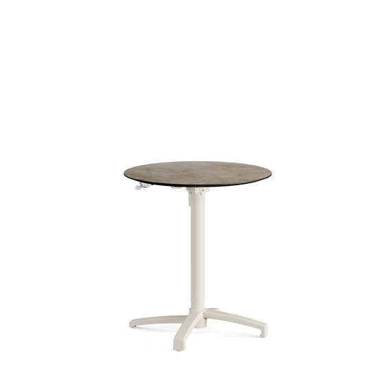 Feros X Cross - Höhenverstellbares sand Tischgestell + Moonstone HPL-Tischplatte Ø70 cm, Sand + Moonstone