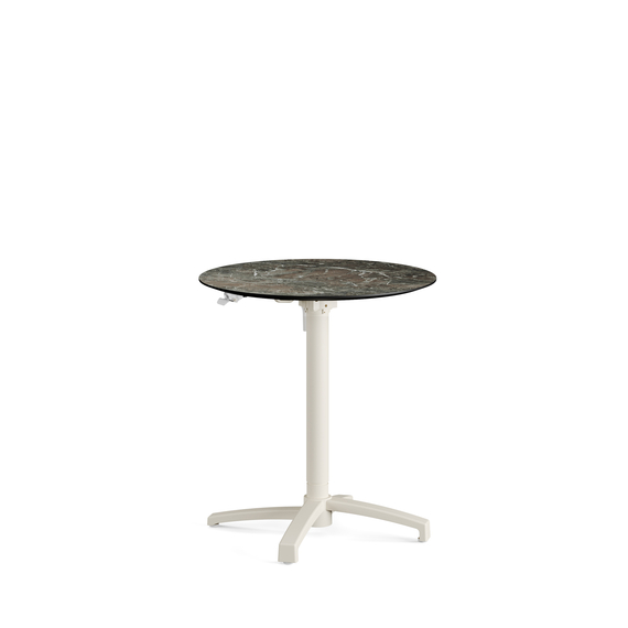 Feros X Cross - Höhenverstellbares sand Tischgestell + Galaxy Marble HPL-Tischplatte Ø70 cm, Sand + Galaxy Marble
