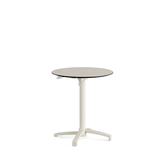 Feros X Cross - Höhenverstellbares sand Tischgestell + Sand stone HPL-Tischplatte Ø70 cm, Sand + Sand stone