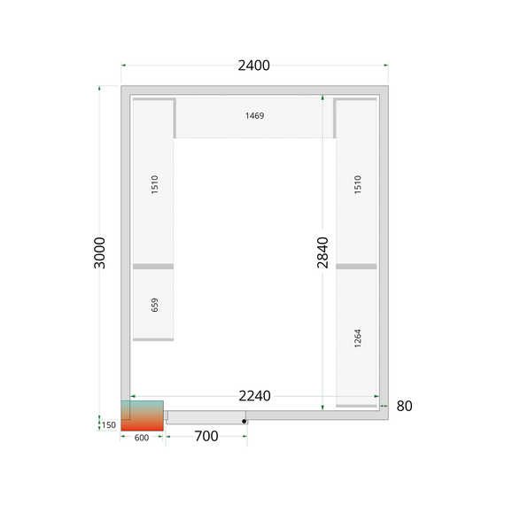 Tefcold Kühlzellen-Wandelemente 80 mm CR 240x300x212 NF, Weiß