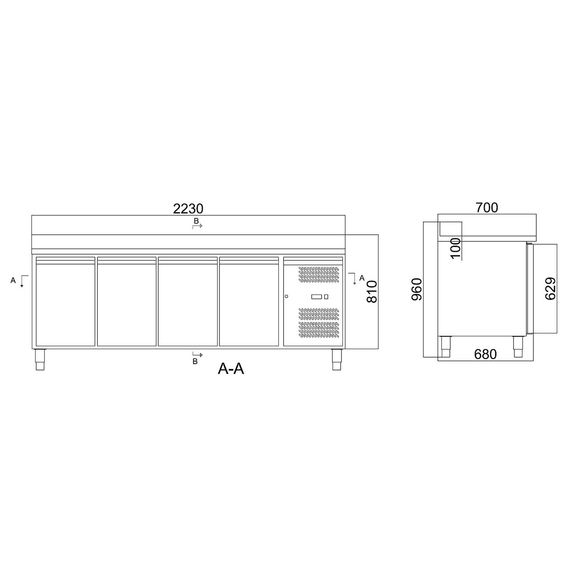 Vaiotec Gastro-Kühltisch, 4-türig inkl. Aufkantung – Monoblock, 2230 × 700 mm, Bild 10