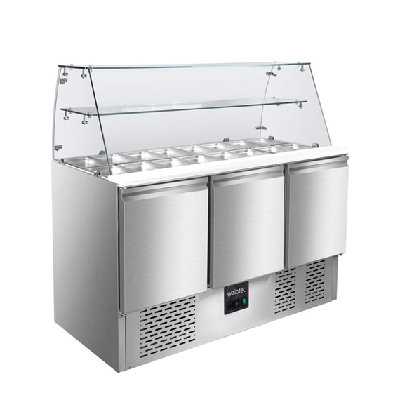 Vaiotec Gastro-Saladette, 3-fach mit eckigem Glasaufsatz, 1365 × 700 mm