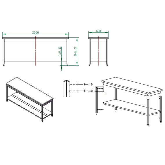 Vaiotec Gastro-Arbeitstisch, mit Grundboden, 2000 × 600 mm, Bild 3