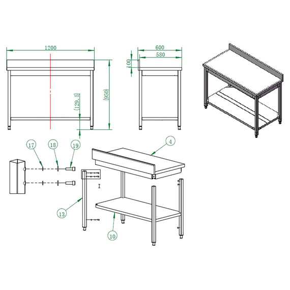 Vaiotec Gastro-Arbeitstisch, mit Grundboden & Aufkantung, 1200 × 600 mm, Bild 3