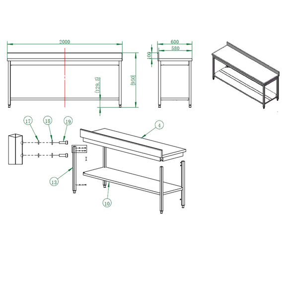 Vaiotec Gastro-Arbeitstisch, mit Grundboden & Aufkantung, 2000 × 600 mm, Bild 3